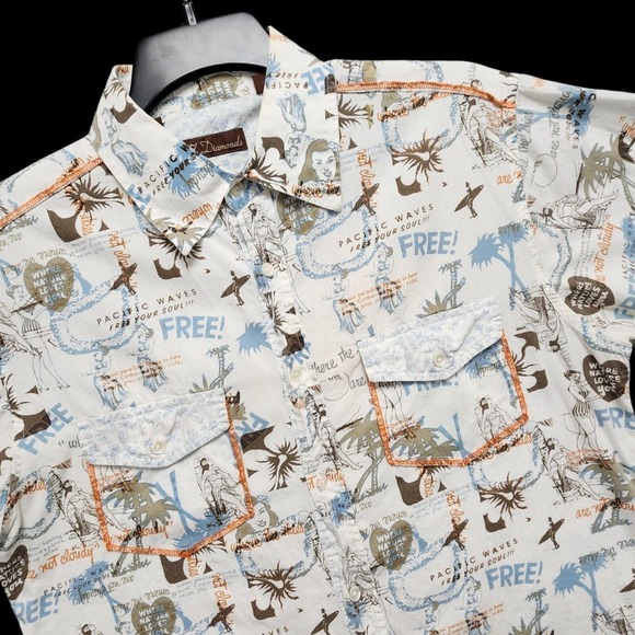 7 Diamonds Hawaiian‎ Shirt Mens Large Slim Fit All Over Print Vacation Resort - Picture 1 of 13